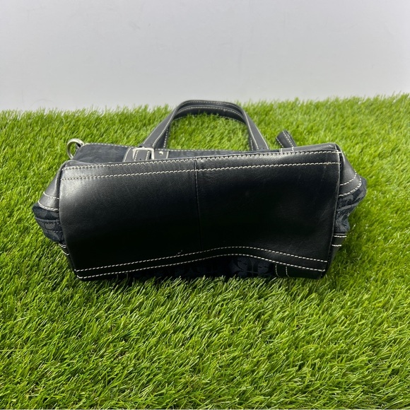 Fossil Black Leather Monogrammed Fabric Canvas Small Tote Satchel Handbag Purse - Picture 14 of 14